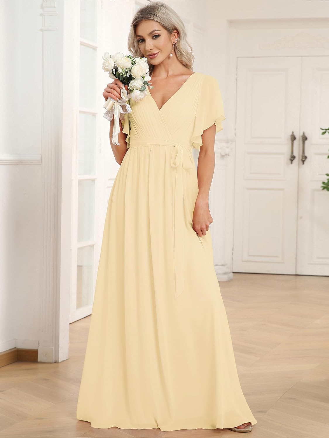 Ever-Pretty Women's Bridesmaid Dress V-Neck Ruffle Sleeves Ruched Bust Floor Length Chiffon Formal Dresses 0164A