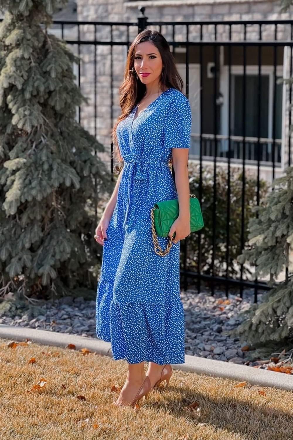PRETTYGARDEN Women's Summer Floral Boho Dress Wrap V Neck Short Sleeve Ruffle A-Line Flowy Maxi Wedding Guest Dresses