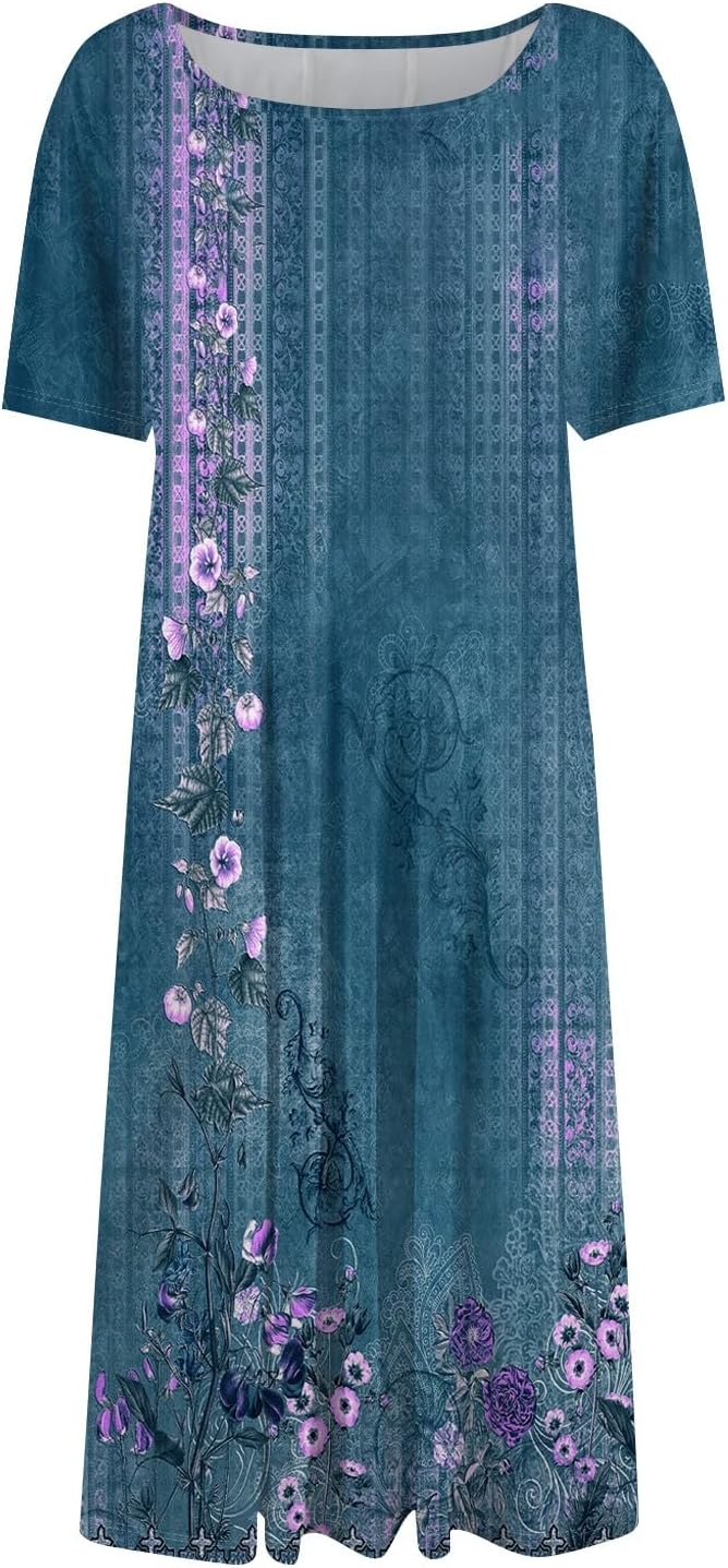Summer Dresses for Women 2025 Crew Neck Short Sleeve Boho Beach Vacation Floral/Solid Midi Sundresses with Pockets