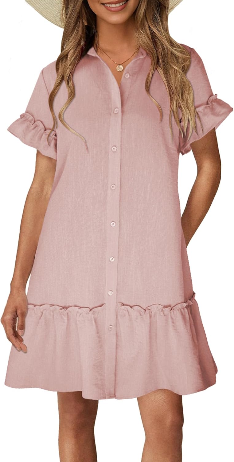 CCTOO Women's Summer Dresses Casual V Neck Button Down 3/4 Sleeve Floral Print Loose Flowy Shirt Dress