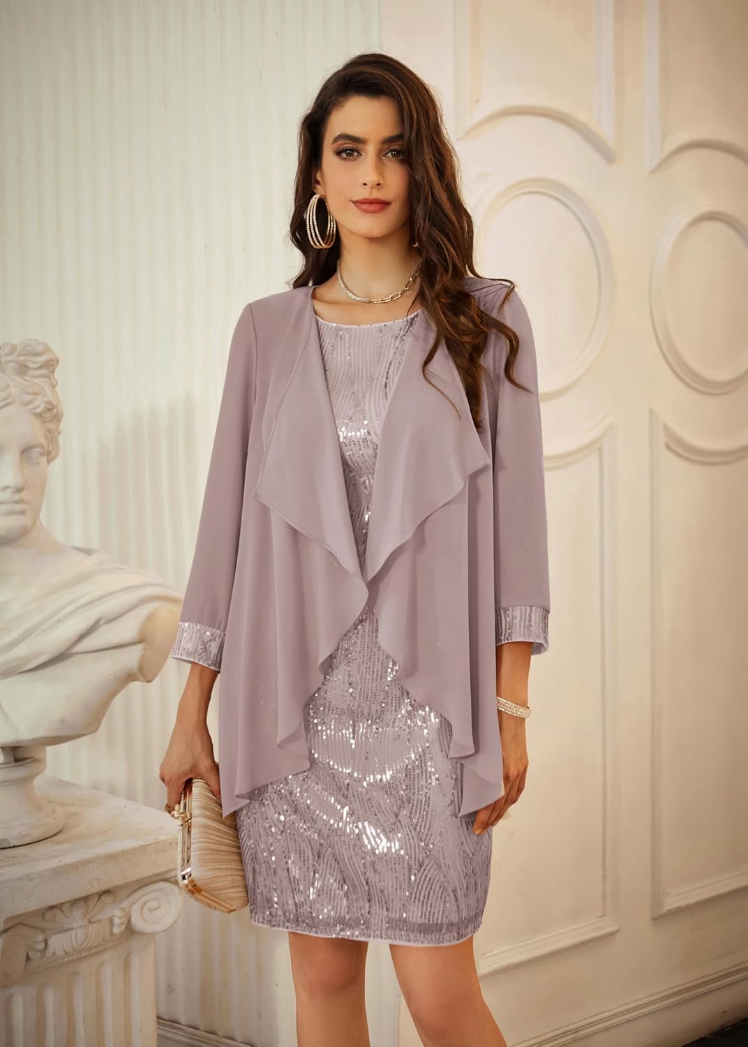 GRACE KARIN Sequin Dress for Women Knee Length Mother of the Bride Dresses Formal Dress Two Piece Dress with Chiffon Jacket
