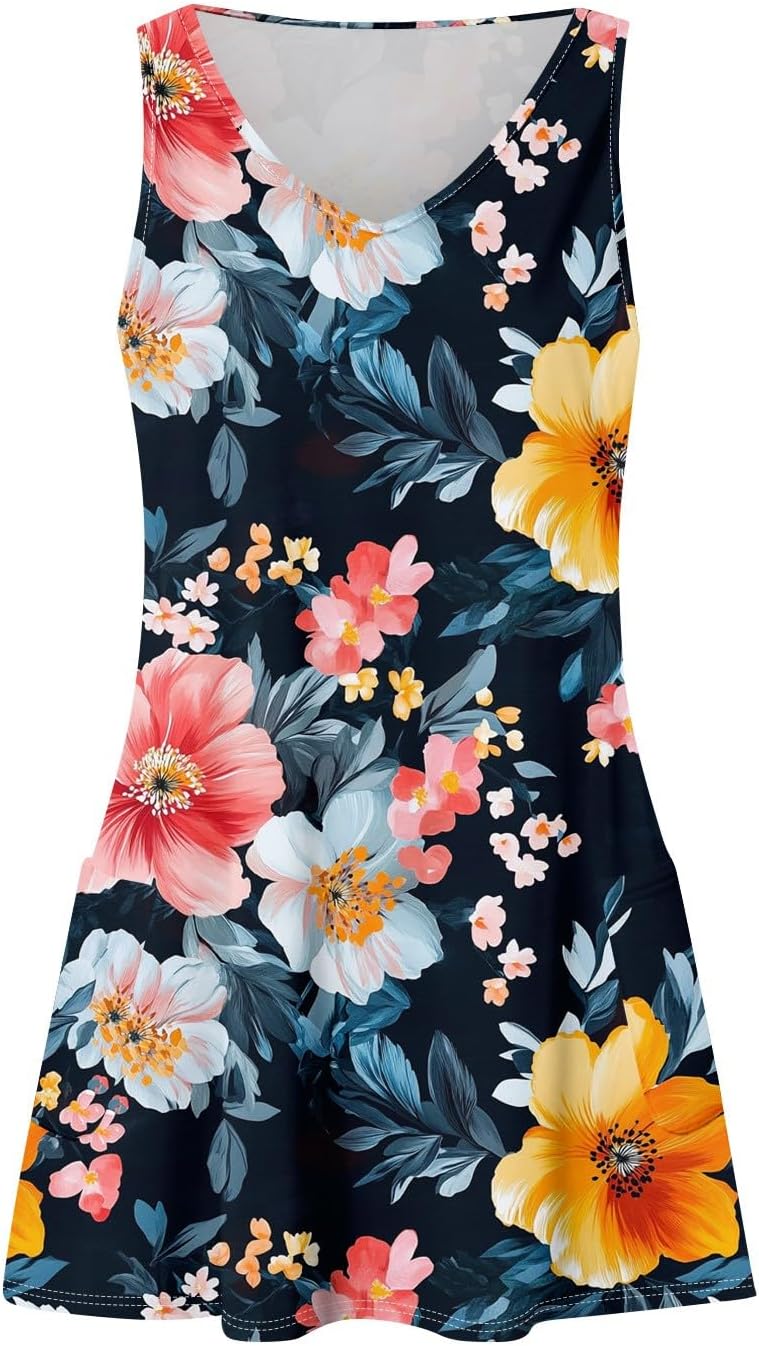Women's Sleeveless Floral Print Summer Dress Casual V-Neck A-Line Mini Dress for Beach Party and Daily Wear