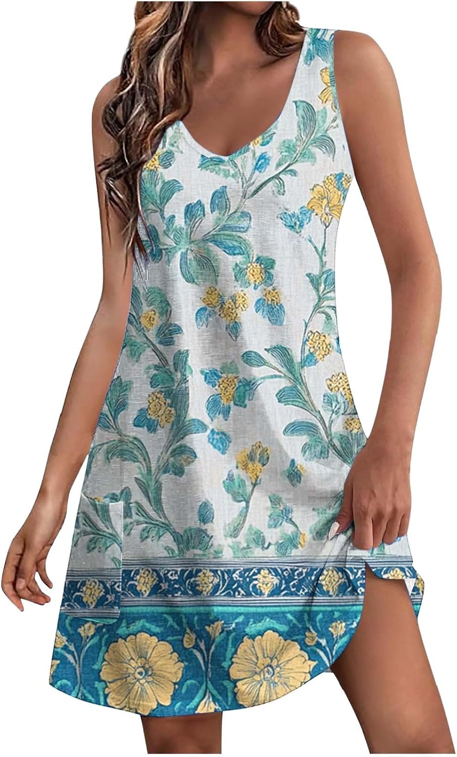 Womens 2025 Spring Summer Dresses Casual Floral Print V-Neck Tank Dress Curve Hem Pleated A-Line Sundresses