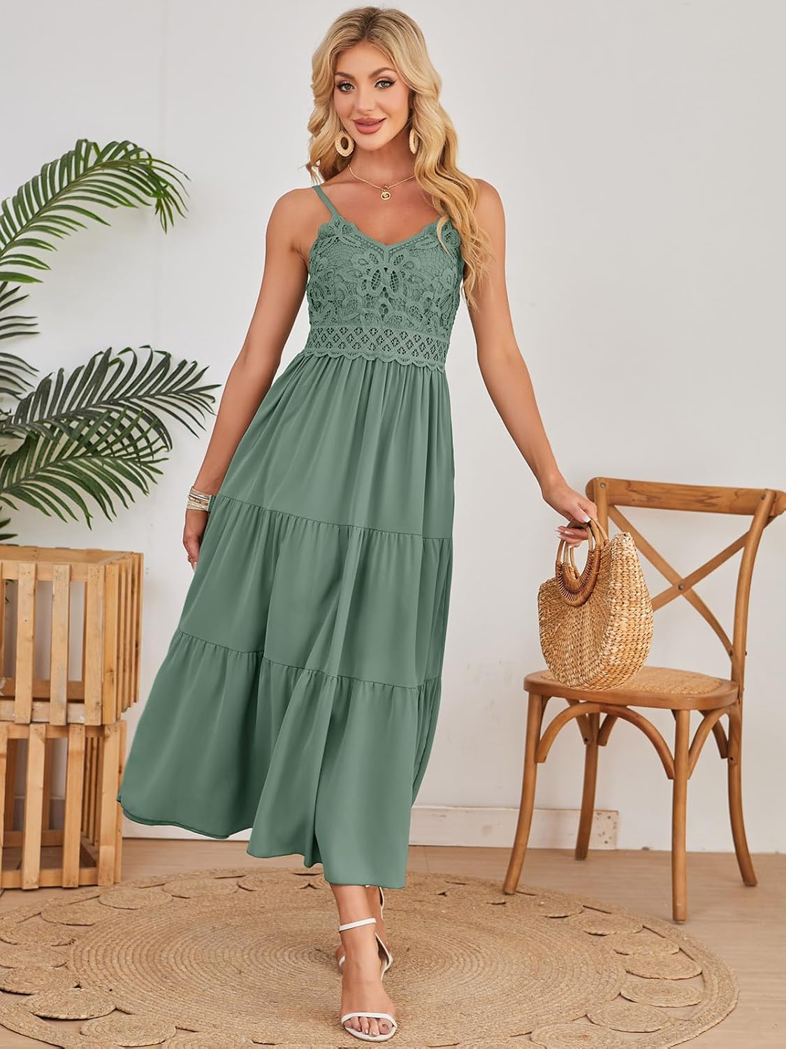 Dokuritu Women's Beach Crochet Lace Maxi Dress Solid Color Summer Vacation Spaghetti Strap Long Dress 2024