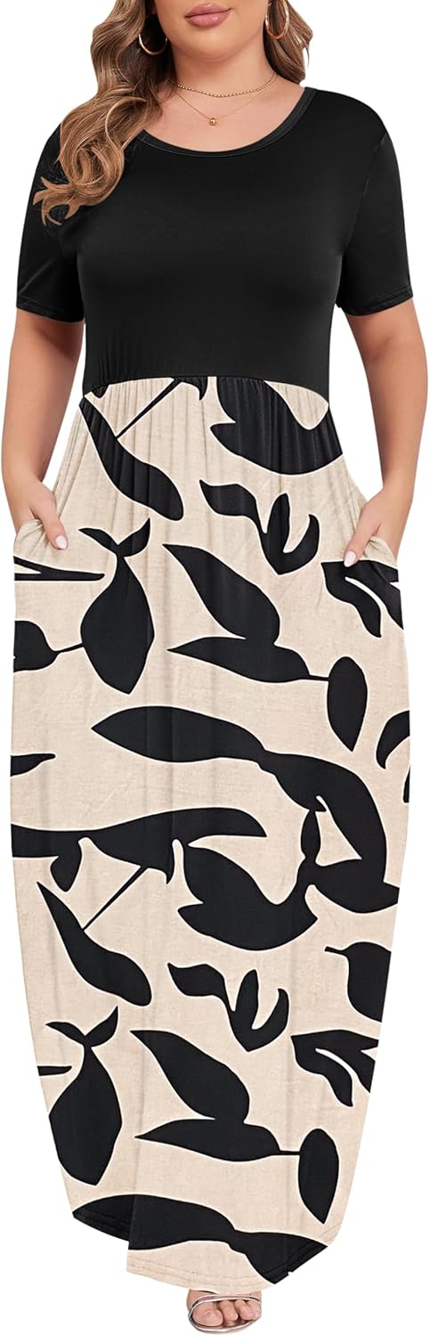 KARALIN Women’s Plus Size Maxi Dresses for Curvy Women Summer Casual Short Sleeve 2025 Long Dress 14W-26W