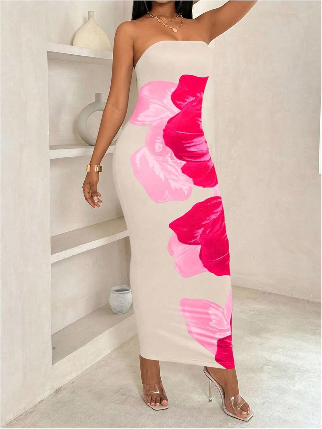 GORGLITTER Women's Floral Strapless Tube Dress Sleeveless Bodycon Maxi Dress Wedding Guest Long Dress