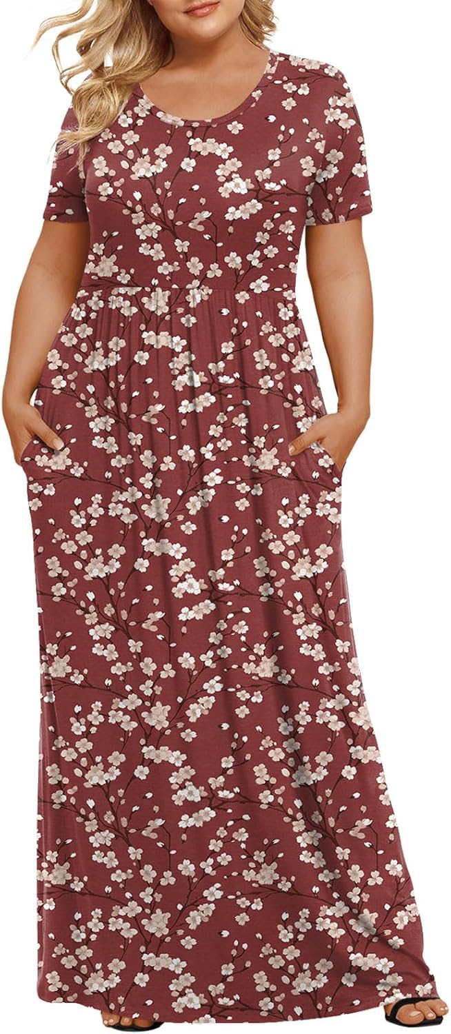 LONGYUAN Women's Plus Size Maxi Dresses for Curvy Women Summer Short Sleeve Casual 2025 Long Dress XL-6XL