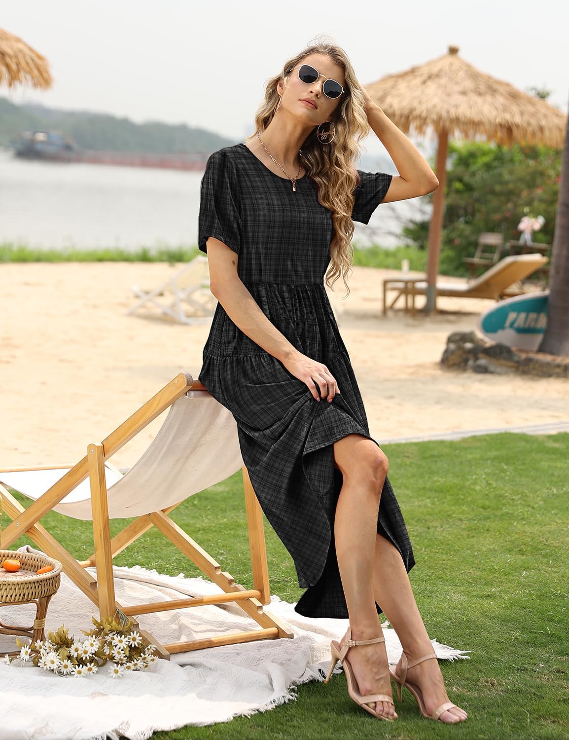 YESNO Women Casual Loose Bohemian Floral Dress with Pockets Short Sleeve Long Maxi Summer Beach Swing Dress EJF