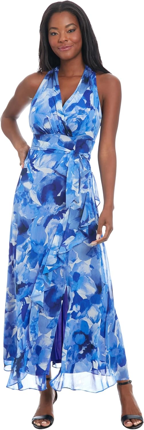 London Times V-Neck Waist Tie Ruffle Cascade Wedding Guest Dresses for Women