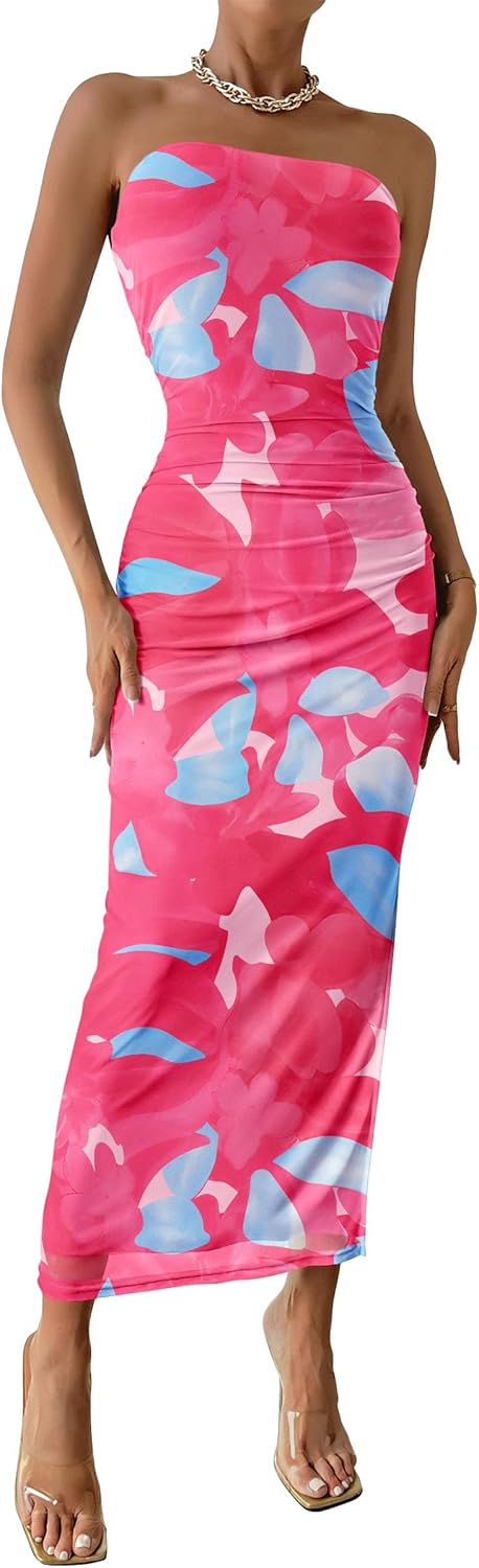 PRETTYGARDEN Women's Summer Maxi Bodycon Dresses Strapless Tube Top Printed Long Party Club Slit Dress
