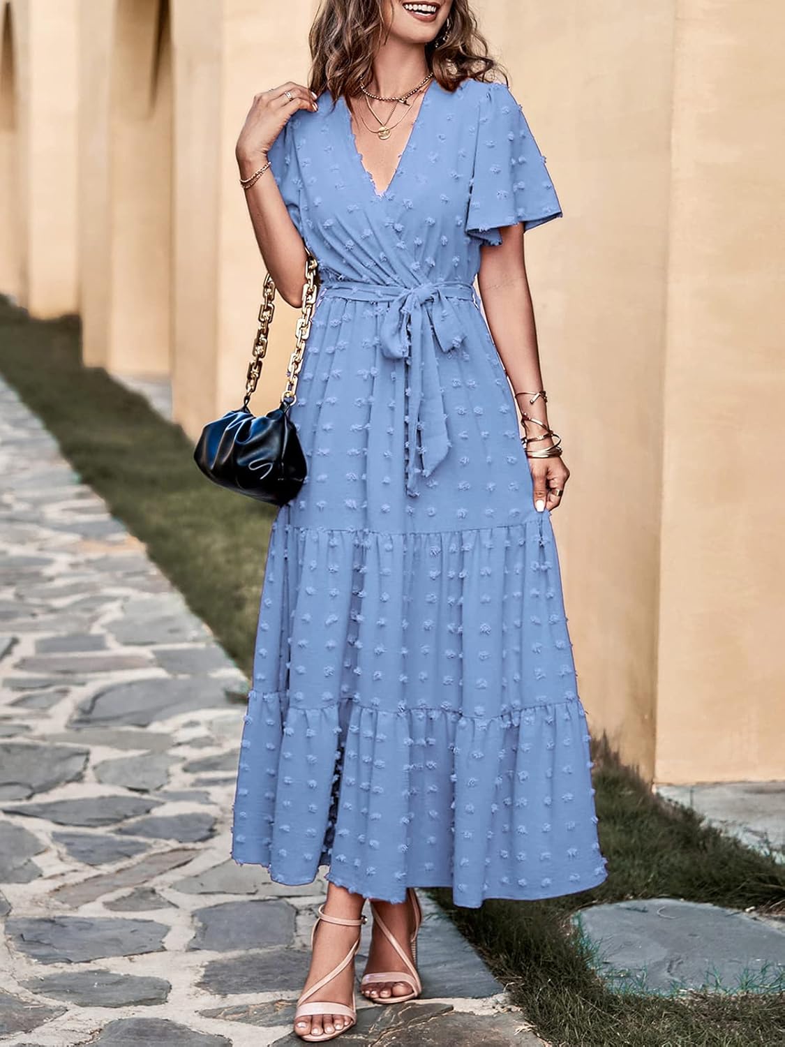 MASCOMODA Womens Boho Swiss Dot Maxi Dresses Wrap V Neck Flutter Short Sleeve Solid Tie Belt A Line Tiered Flowy Long Dress