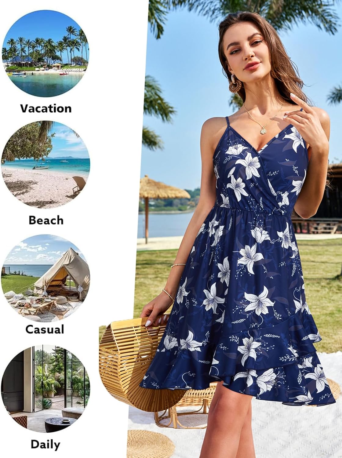 ULTRANICE Womens Summer Dresses Floral V Neck Ruffled Hem Spaghetti Spring Casual Beach Outfits Flowy Wrap Sun Dress