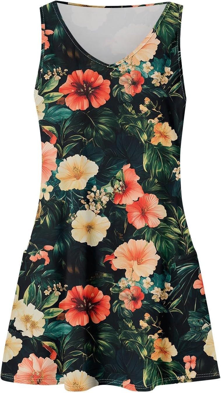 Women's Sleeveless Floral Print Summer Dress Casual V-Neck A-Line Mini Dress for Beach Party and Daily Wear