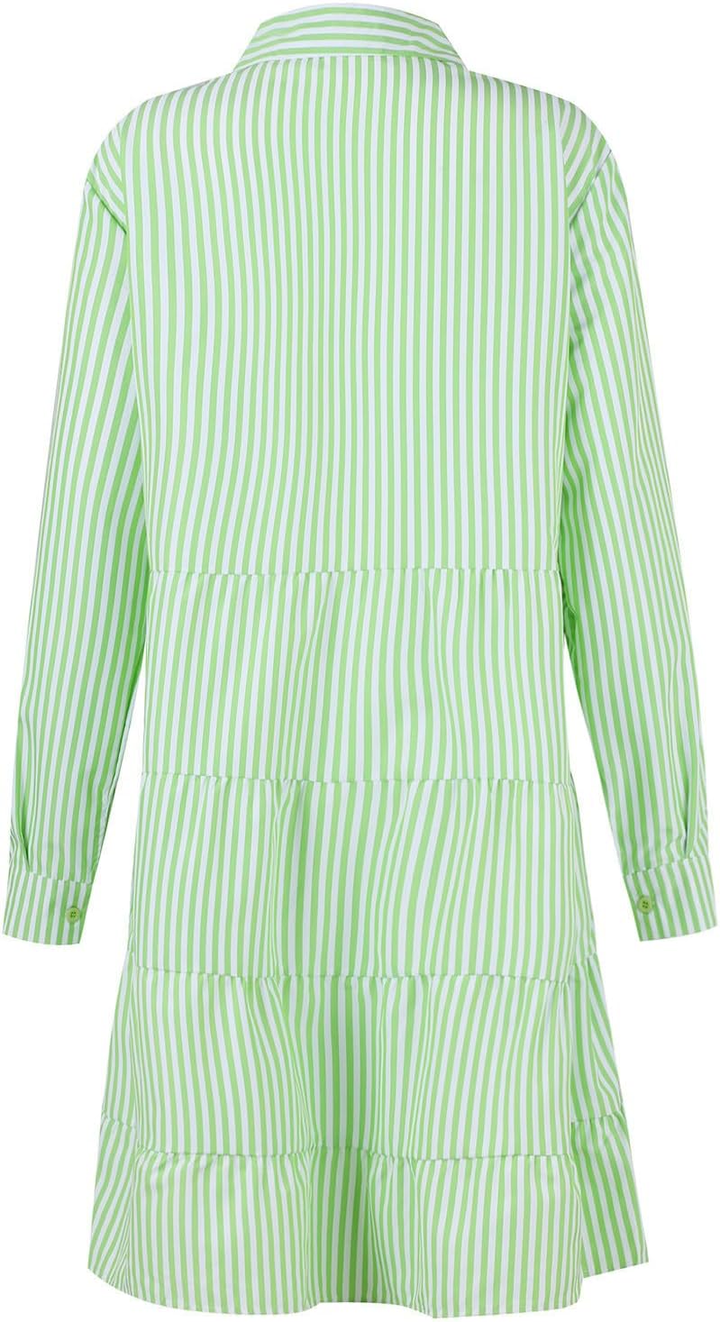 Button Down Dress for Women Summer Casual Striped Long Sleeve V Neck Lapel Dresses Loose Ruched Party Midi Dress 2025