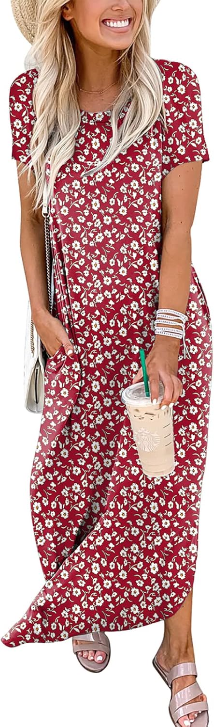 ANRABESS Women's Summer Casual Loose Short Sleeve Long T Shirt Dress Split Maxi Beach Sundress Travel Vacation Outfits
