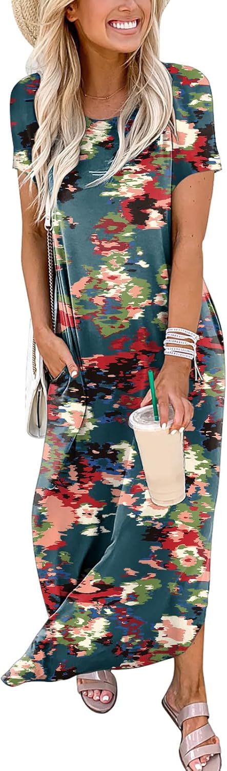 ANRABESS Women's Summer Casual Loose Short Sleeve Long T Shirt Dress Split Maxi Beach Sundress Travel Vacation Outfits