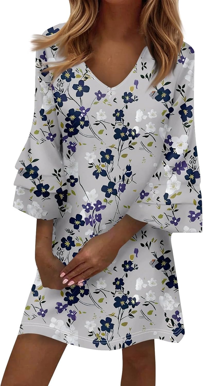 Beach Dresses for Women,2025 Summer Trendy Floral Print Boho Dress,Casual Loose V Neck Bell 3/4 Sleeve Mini Dress