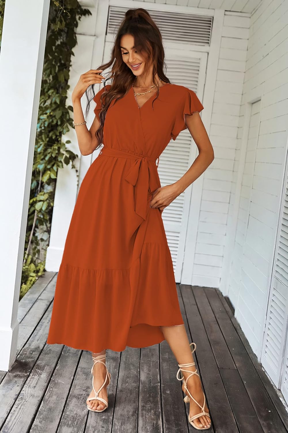 PRETTYGARDEN Women's Summer Floral Boho Dress Wrap V Neck Short Sleeve Ruffle A-Line Flowy Maxi Wedding Guest Dresses