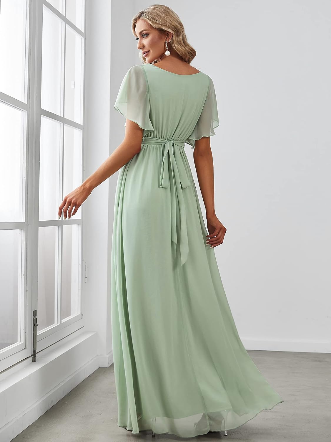 Ever-Pretty Women's Bridesmaid Dress V-Neck Ruffle Sleeves Ruched Bust Floor Length Chiffon Formal Dresses 0164A