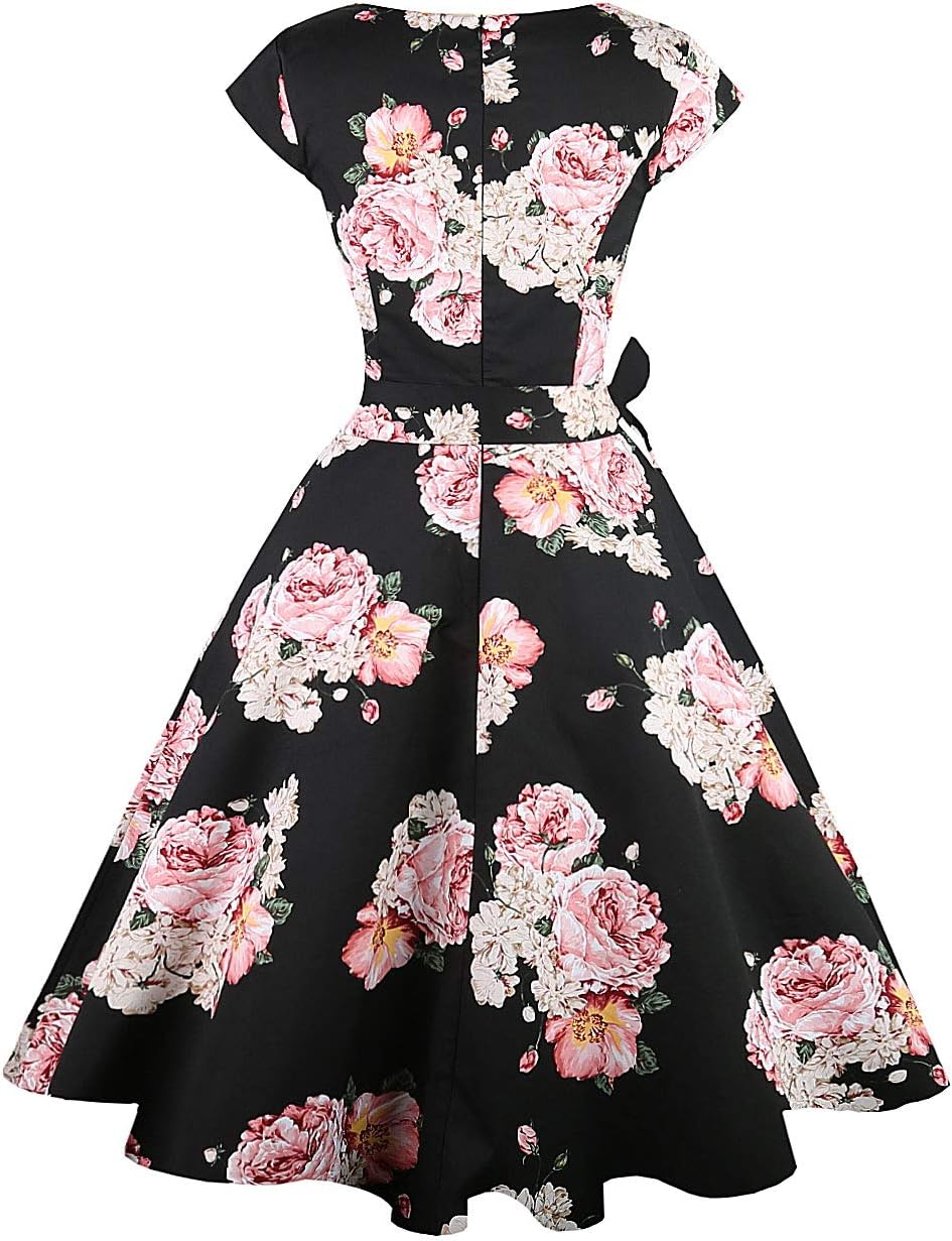 PUKAVT Women's 1950 Boatneck Cap Sleeve Vintage Swing Cocktail Party Dress with Pockets