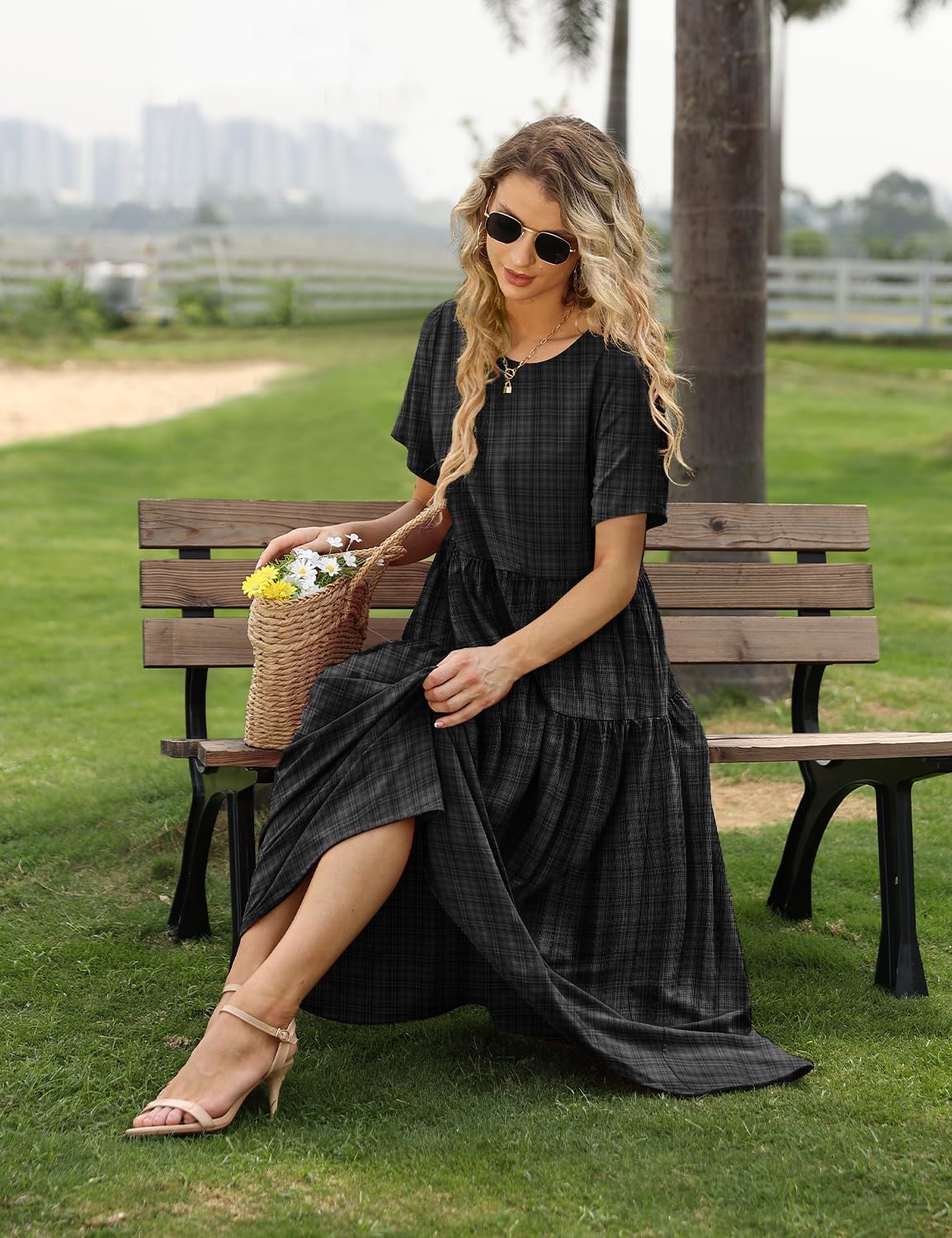 YESNO Women Casual Loose Bohemian Floral Dress with Pockets Short Sleeve Long Maxi Summer Beach Swing Dress EJF