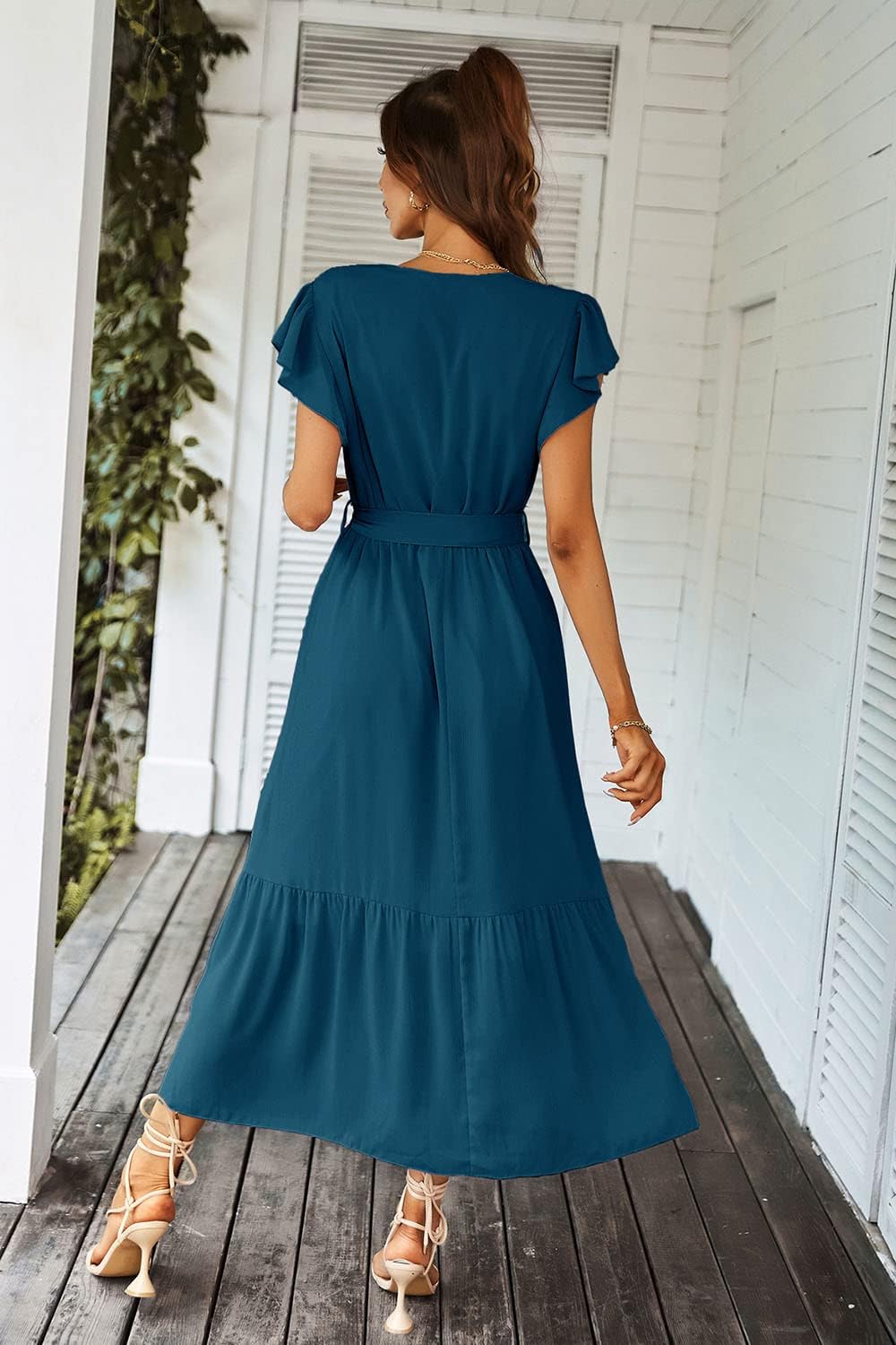 PRETTYGARDEN Women's Summer Floral Boho Dress Wrap V Neck Short Sleeve Ruffle A-Line Flowy Maxi Wedding Guest Dresses