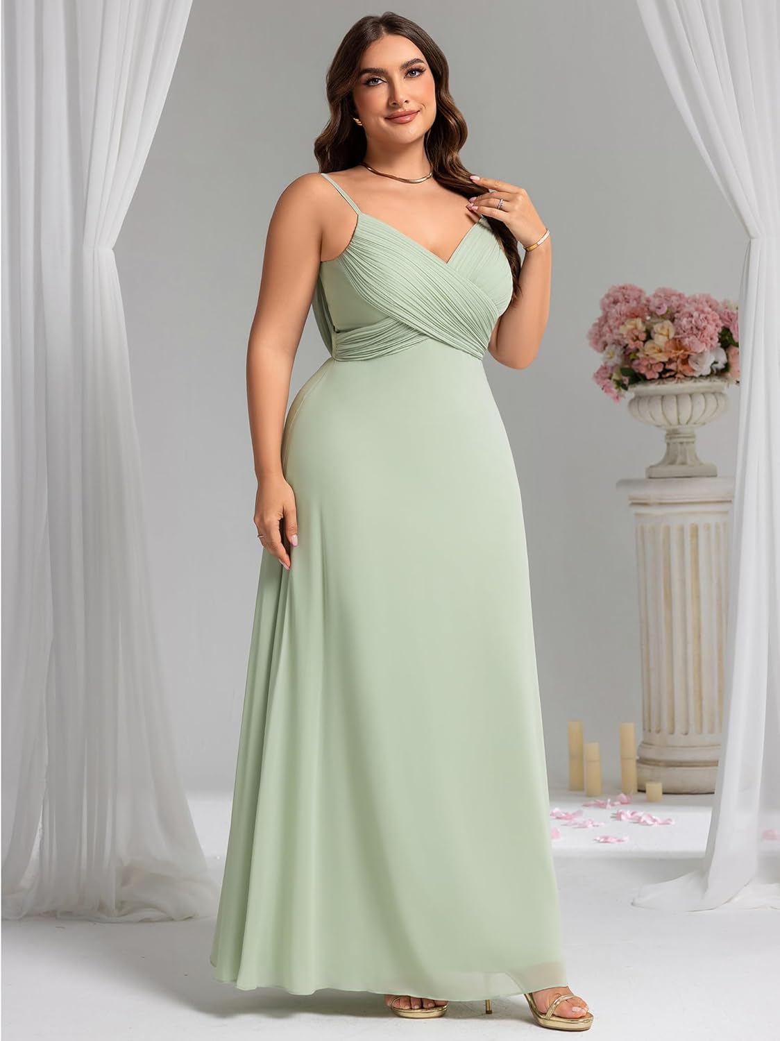 Ever-Pretty Women's Summer Chiffon Pleated Plus Size Bridesmaid Dresses Sleeveless Formal Gown with Spaghetti Straps