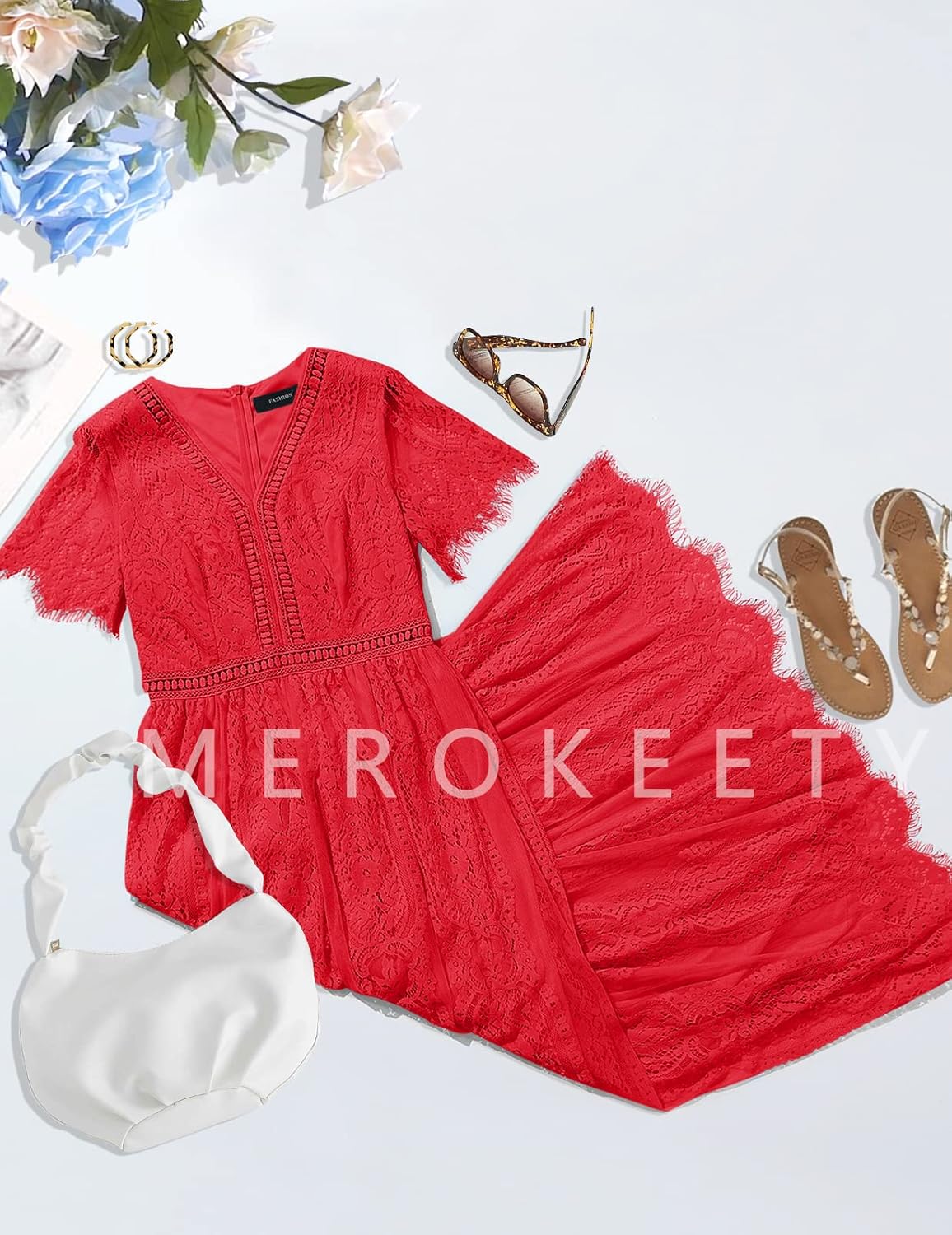 MEROKEETY Women's V Neck Short Sleeve Floral Lace Wedding Dress Bridesmaid Cocktail Party Maxi Dress