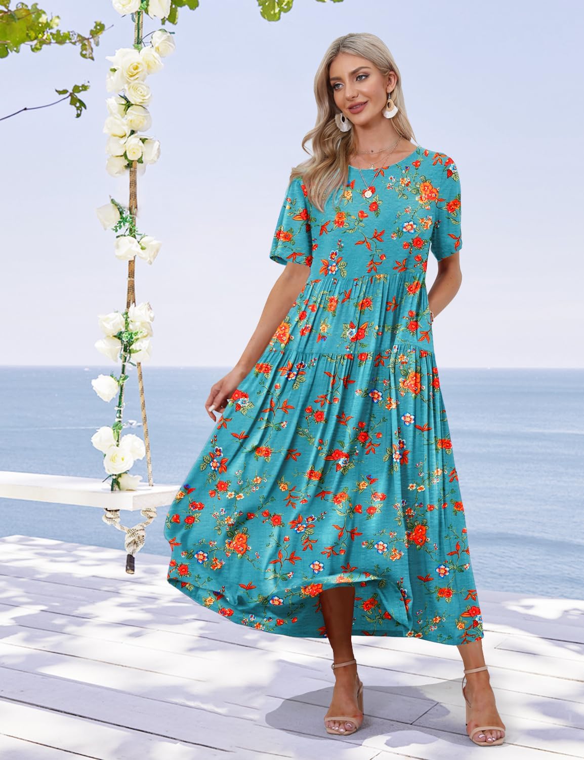 YESNO Women Casual Loose Bohemian Floral Dress with Pockets Short Sleeve Long Maxi Summer Beach Swing Dress EJF