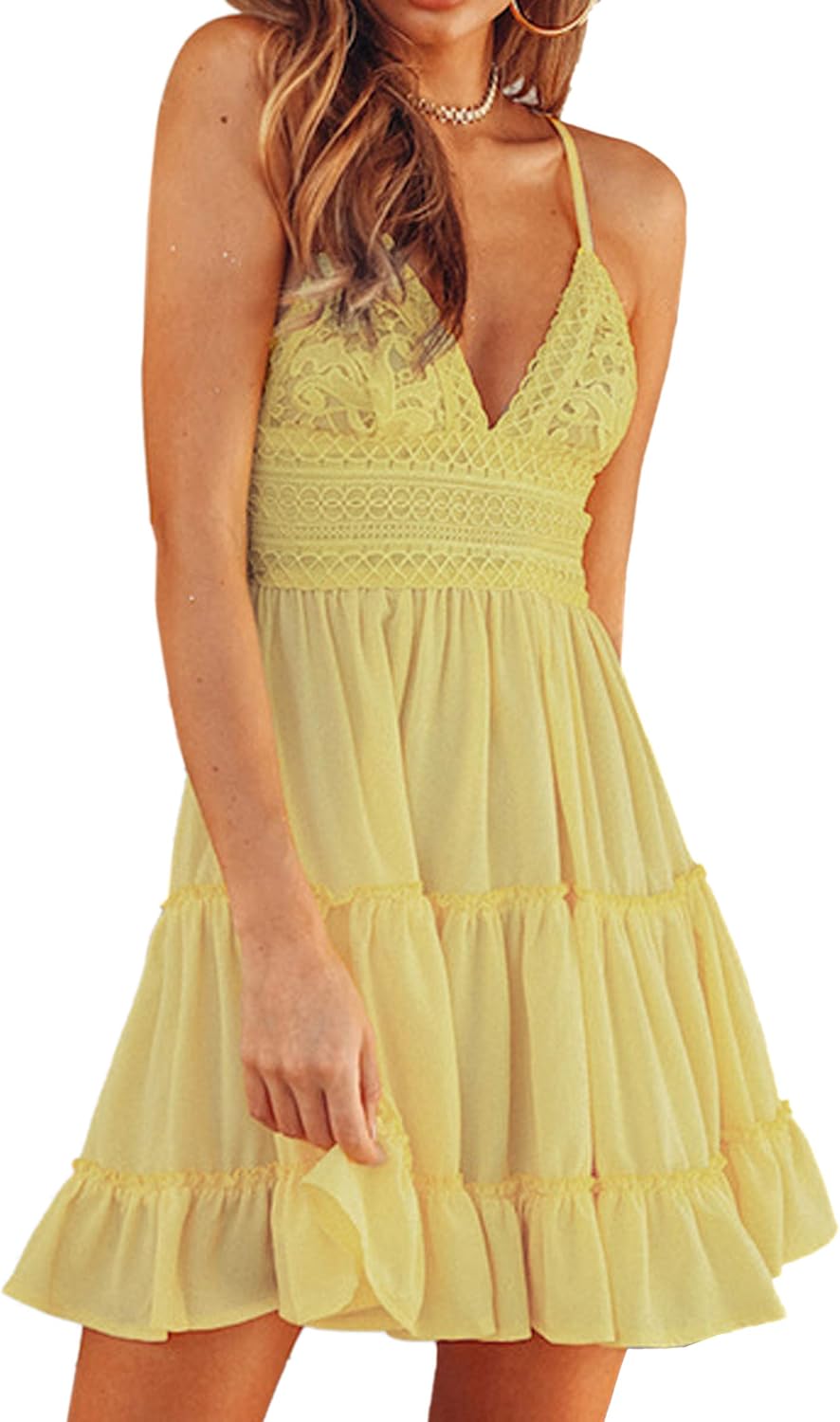 ECOWISH Summer Dresses for Women 2025 V-Neck Spaghetti Strap Bowknot Backless Sleeveless Lace Mini Swing Skater Dress