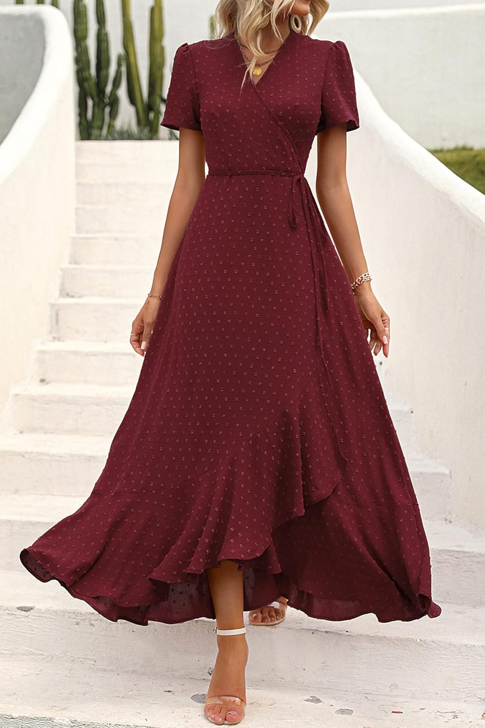 PRETTYGARDEN Women's Summer Wrap Maxi Dress Casual Short Sleeve Floral Boho V Neck Split Ruffle Beach Long Dresses