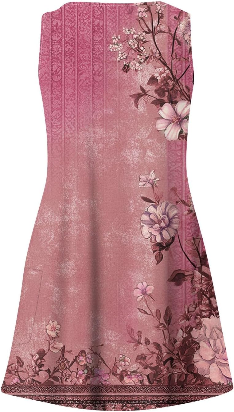 Women's Sleeveless Floral Print Summer Dress Casual V-Neck A-Line Mini Dress for Beach Party and Daily Wear