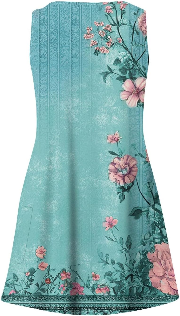 Women's Sleeveless Floral Print Summer Dress Casual V-Neck A-Line Mini Dress for Beach Party and Daily Wear