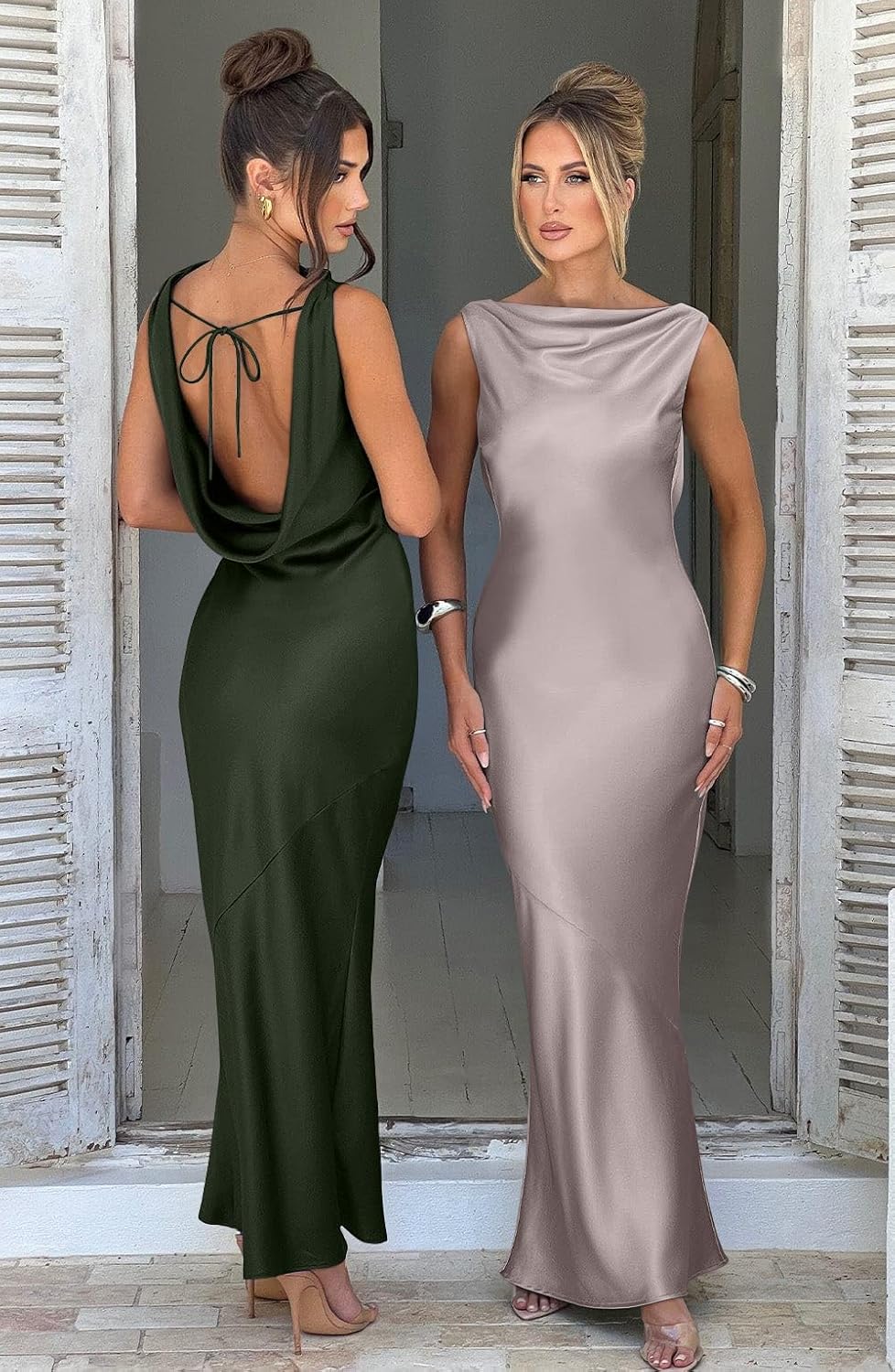 Memoriesea Women's Satin Elegant Sleeveless High Neck Tie Cocktail Party Maxi Dress
