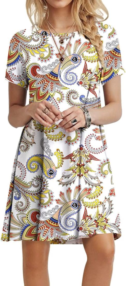 POPYOUNG 2025 Women's Summer Casual T-Shirt Dresses Crew Neck Beach Cover Up Sun Dress