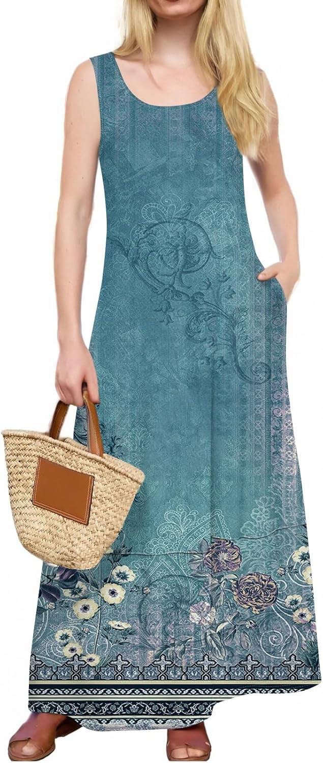 Womens Summer Tank Dress Vacation Boho Floral Long Dresses with Pockets Resort Wear Swing Beach Sleeveless Sundress