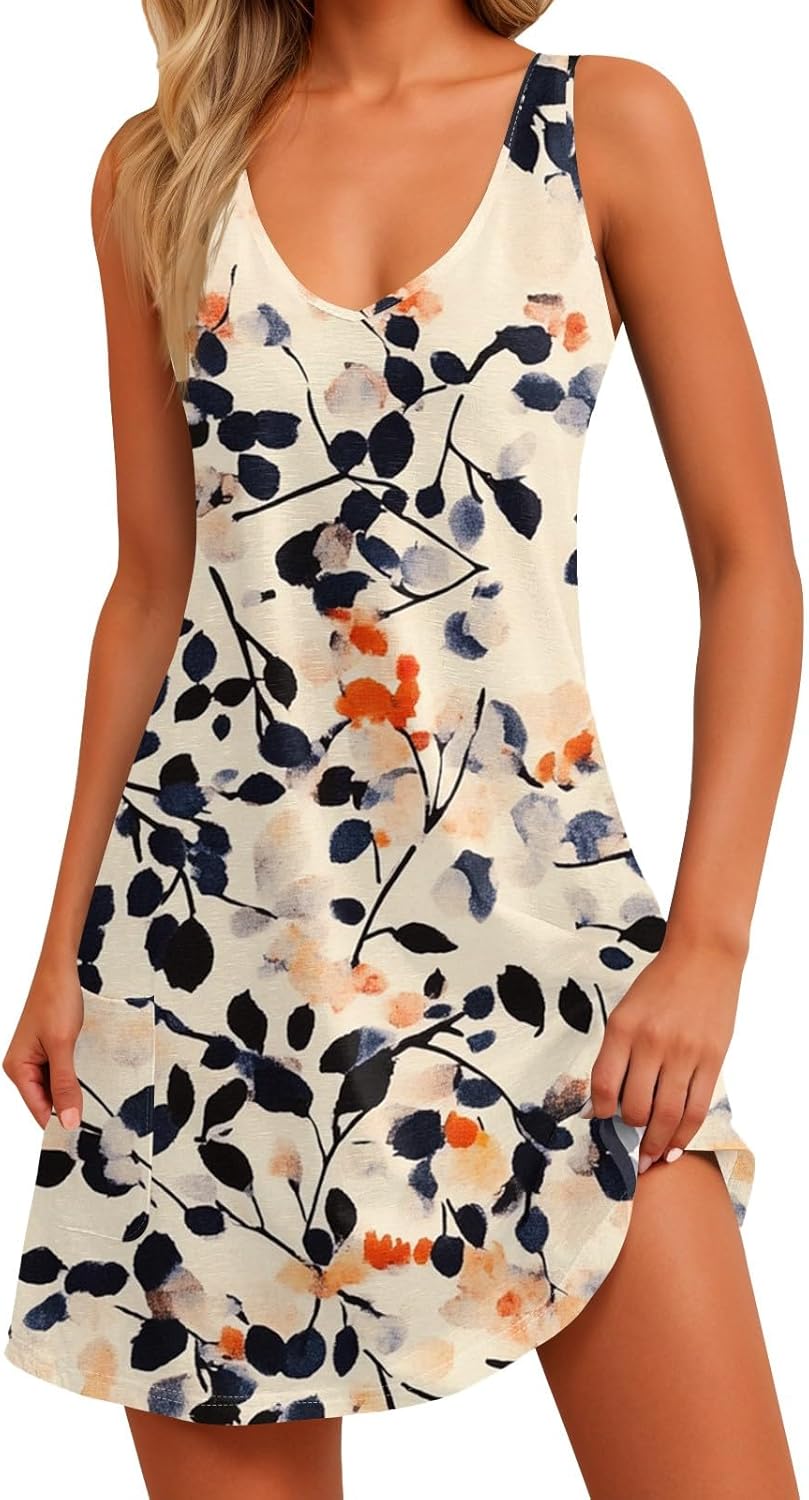 Women's Sleeveless Floral Print Summer Dress Casual V-Neck A-Line Mini Dress for Beach Party and Daily Wear