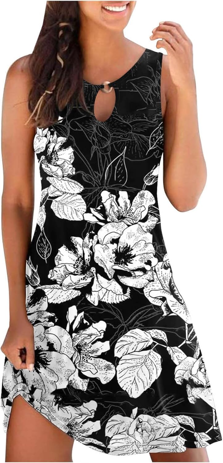 Summer Dresses for Women 2024 Casual Sleeveless Tank Dress Vintage Floral Print a-Line Beach Sundresses