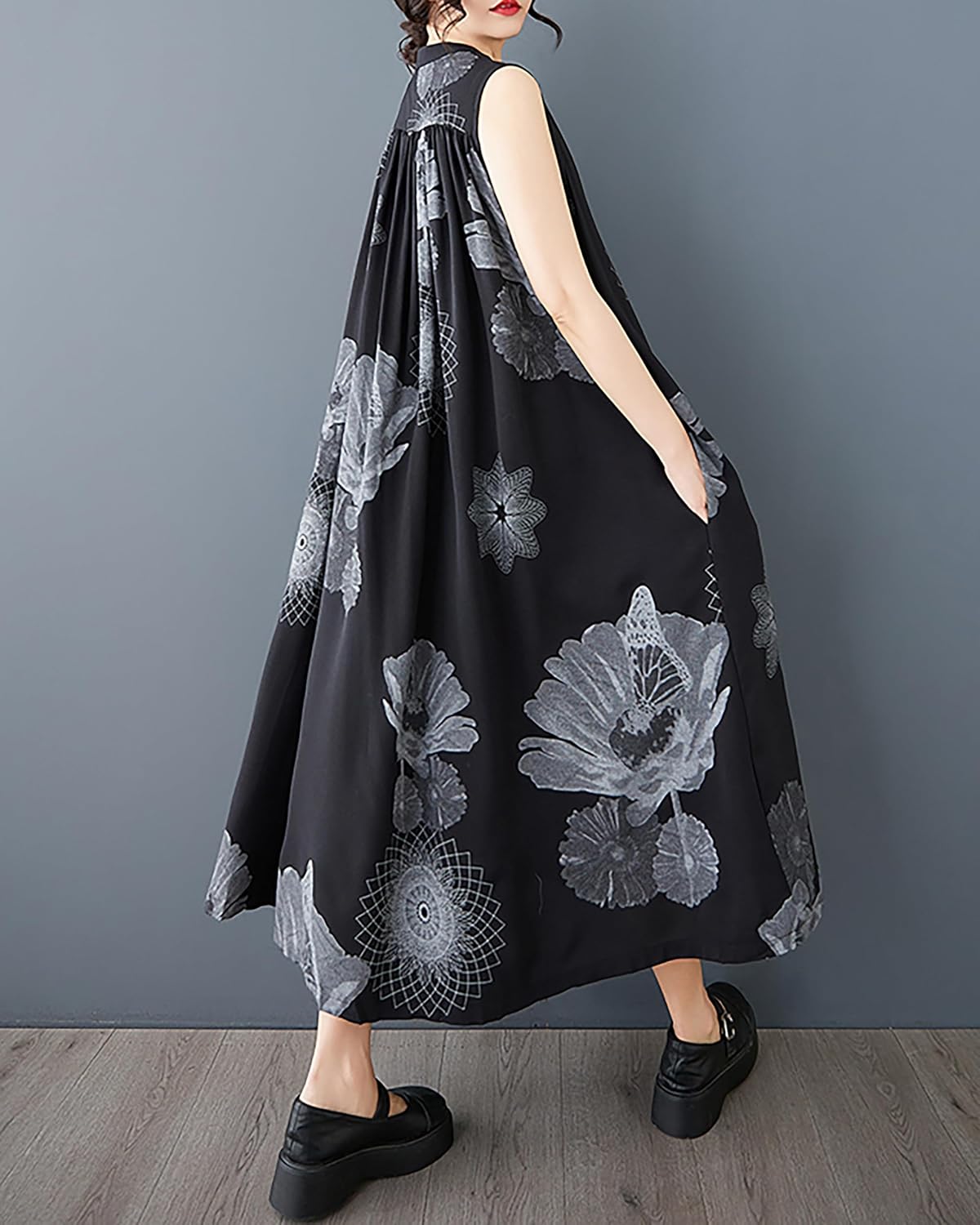 ellazhu Women's Shirt Dress Crewneck Sleeveless Two Side Pockets Patterned Flowy Hem Casual GZ399
