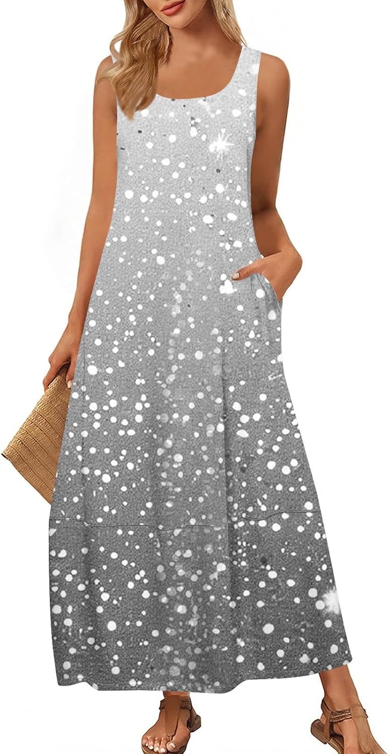 Womens Summer Tank Dress Vacation Boho Floral Long Dresses with Pockets Resort Wear Swing Beach Sleeveless Sundress
