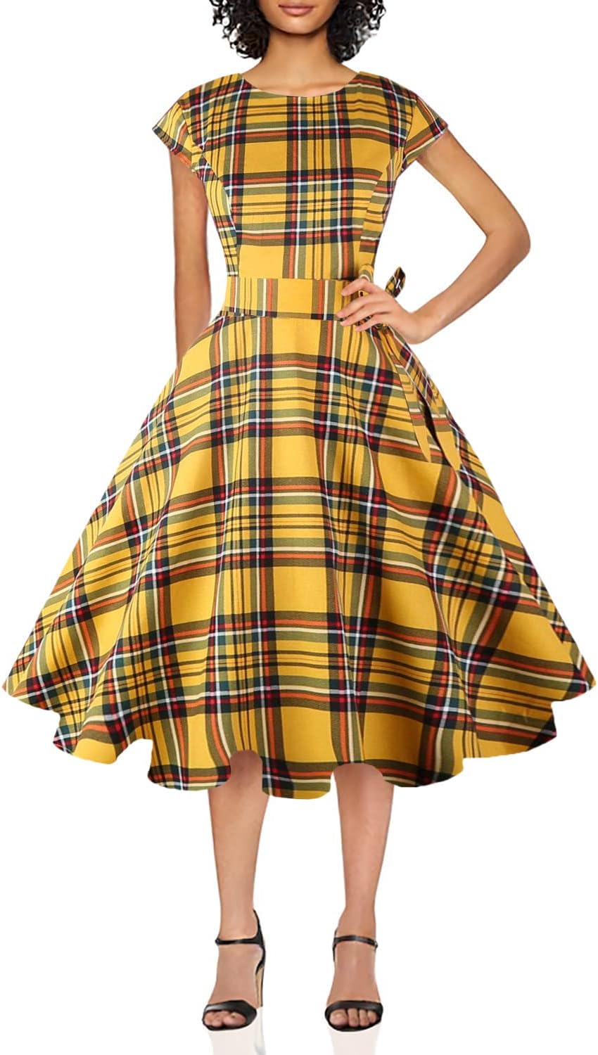 PUKAVT Women's 1950 Boatneck Cap Sleeve Vintage Swing Cocktail Party Dress with Pockets