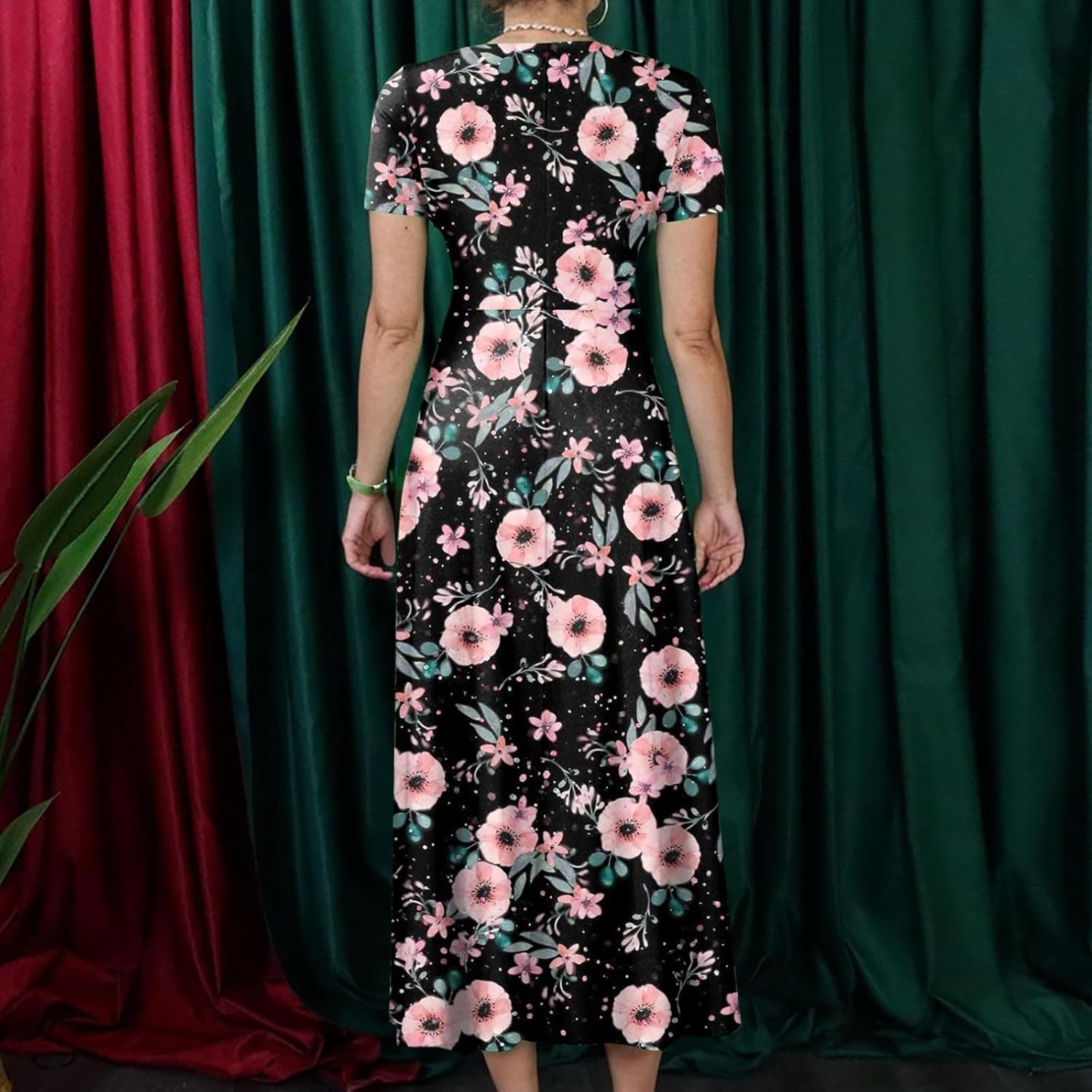 ZEFOTIM Maxi Dress for Women Plus Size Cute Floral Dress Short Sleeve Crew Neck Dresses