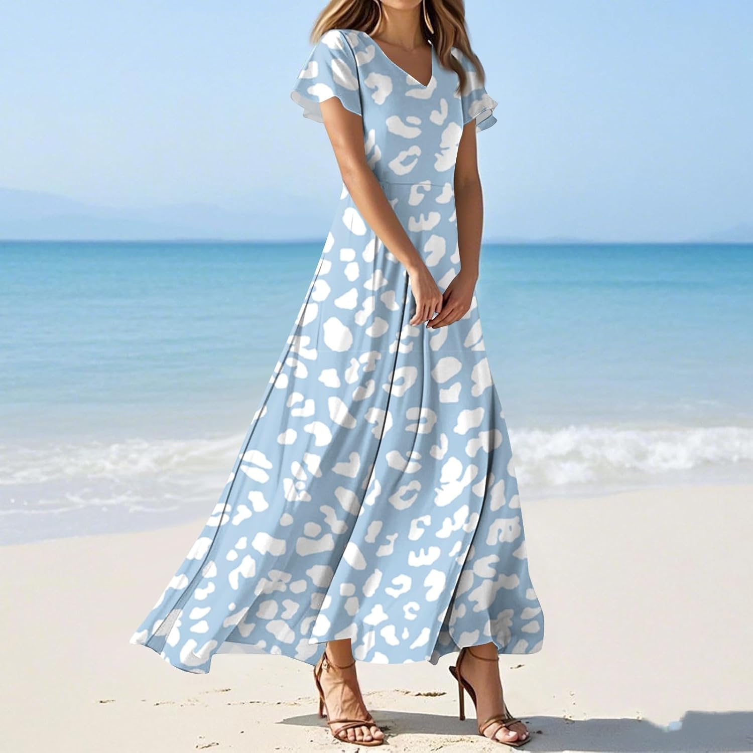 Womens Fashion V Neck Ruffle Short Sleeve Maxi Dress 2025 Summer Elegant Solid Color Flowy A Line Dresses