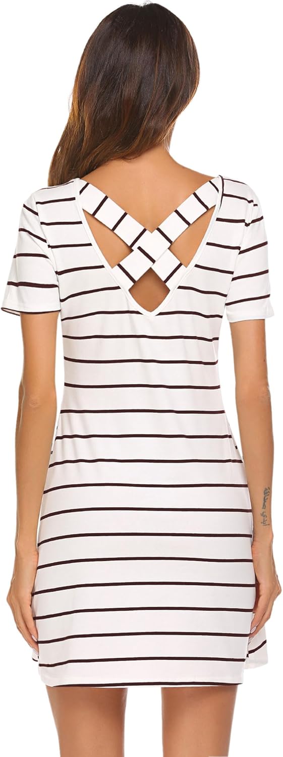 Feager Women's Casual Striped Criss Cross Short Sleeve T Shirt Dress