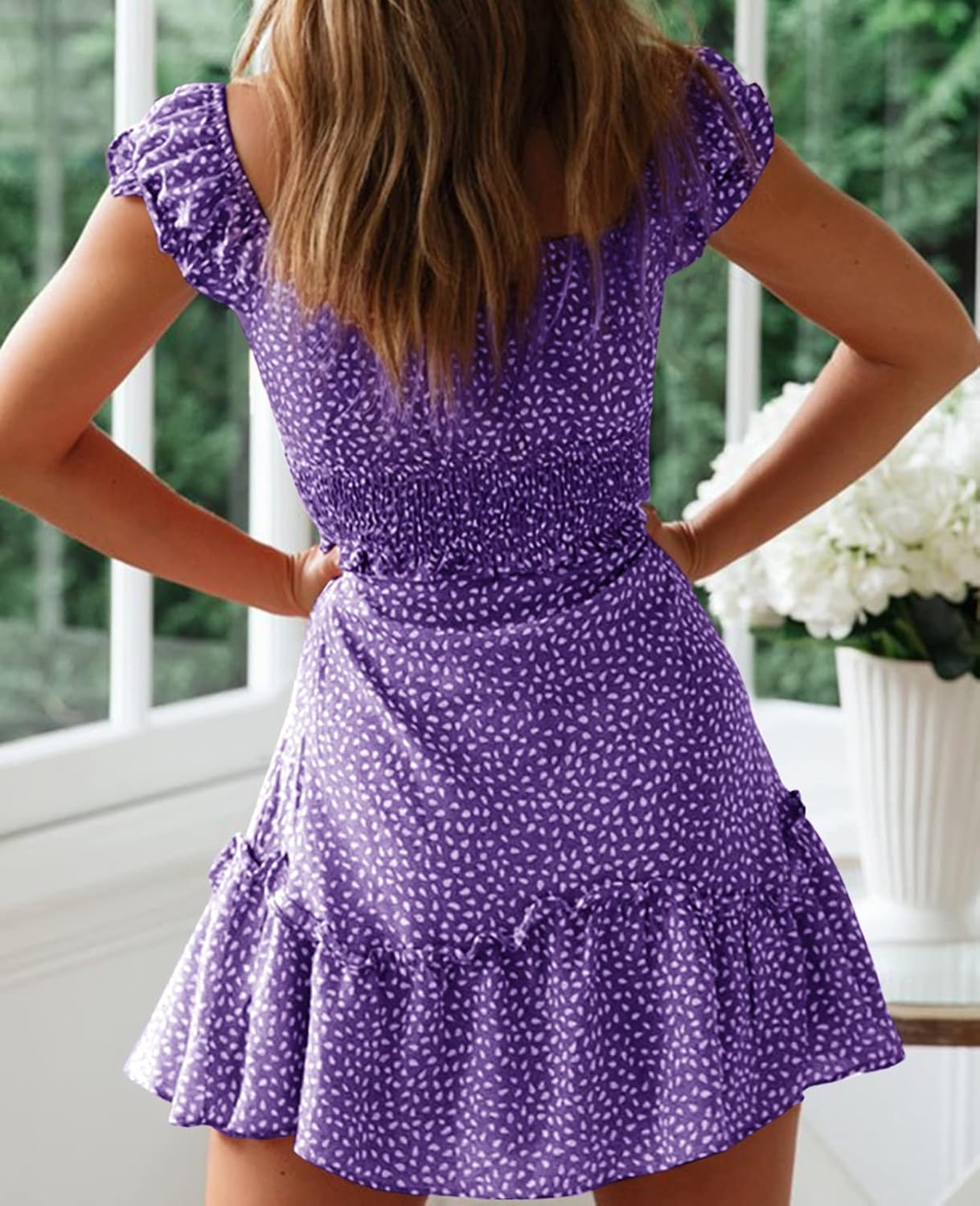YOBECHO Women's Summer Ruffle Sleeve Sweetheart Neckline Printing Dress Mini Dress