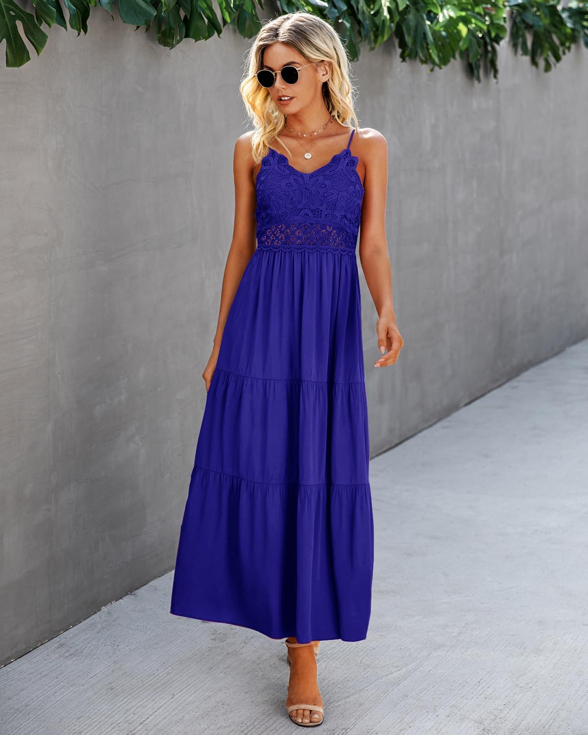 Dokuritu Women's Beach Crochet Lace Maxi Dress Solid Color Summer Vacation Spaghetti Strap Long Dress 2024