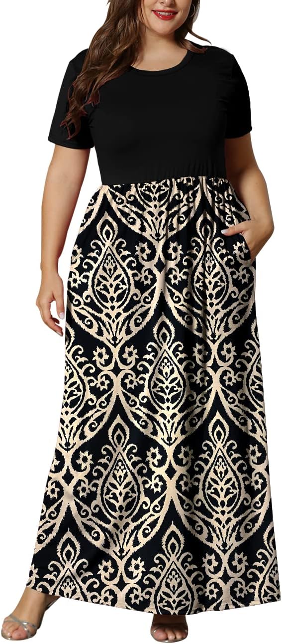 KARALIN Women’s Plus Size Maxi Dresses for Curvy Women Summer Casual Short Sleeve 2025 Long Dress 14W-26W