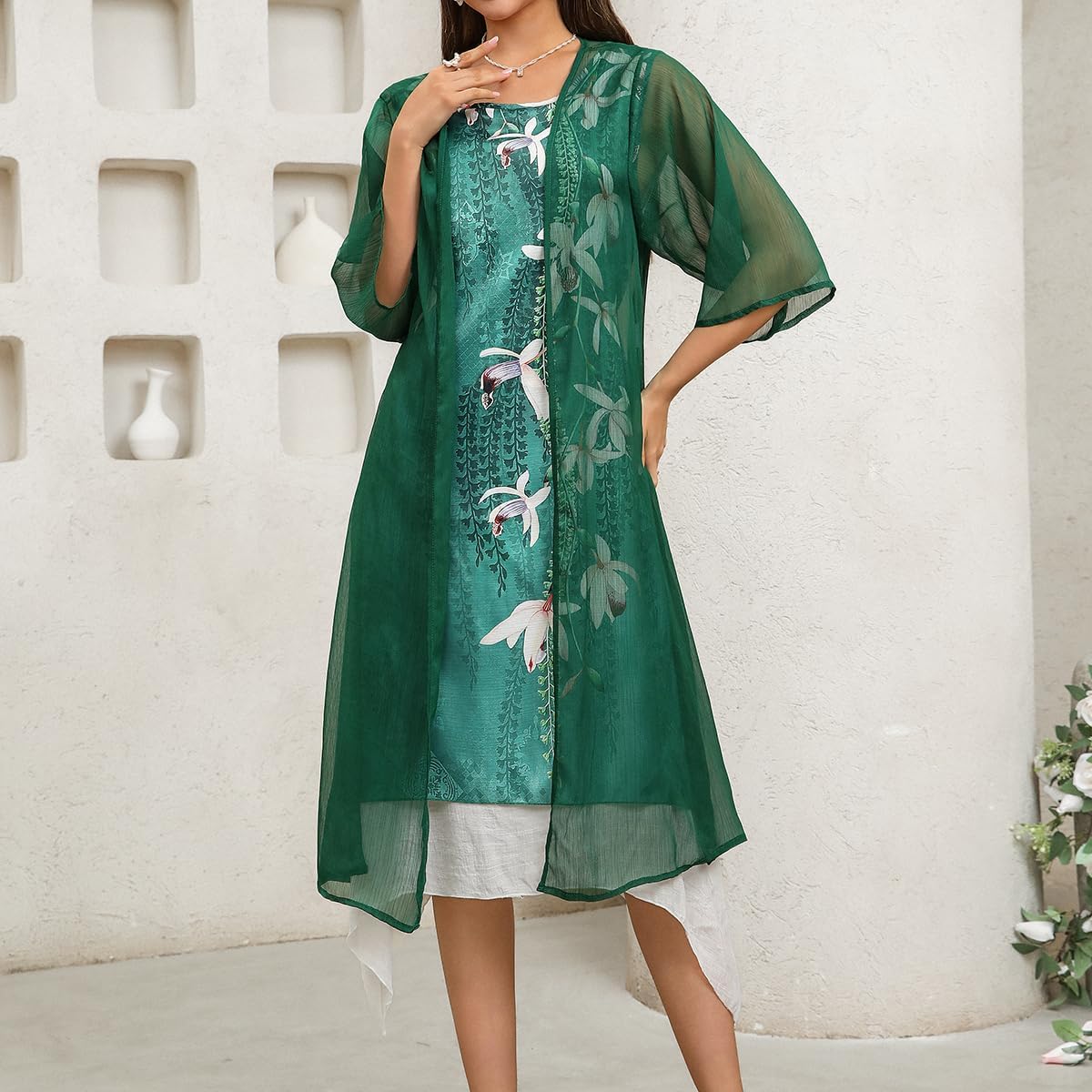 Honwenle Women's Linen Dress 2 Piece Outfit Floral Sleeveless Loose Maxi Summer Dresses with Jacket Formal Casual