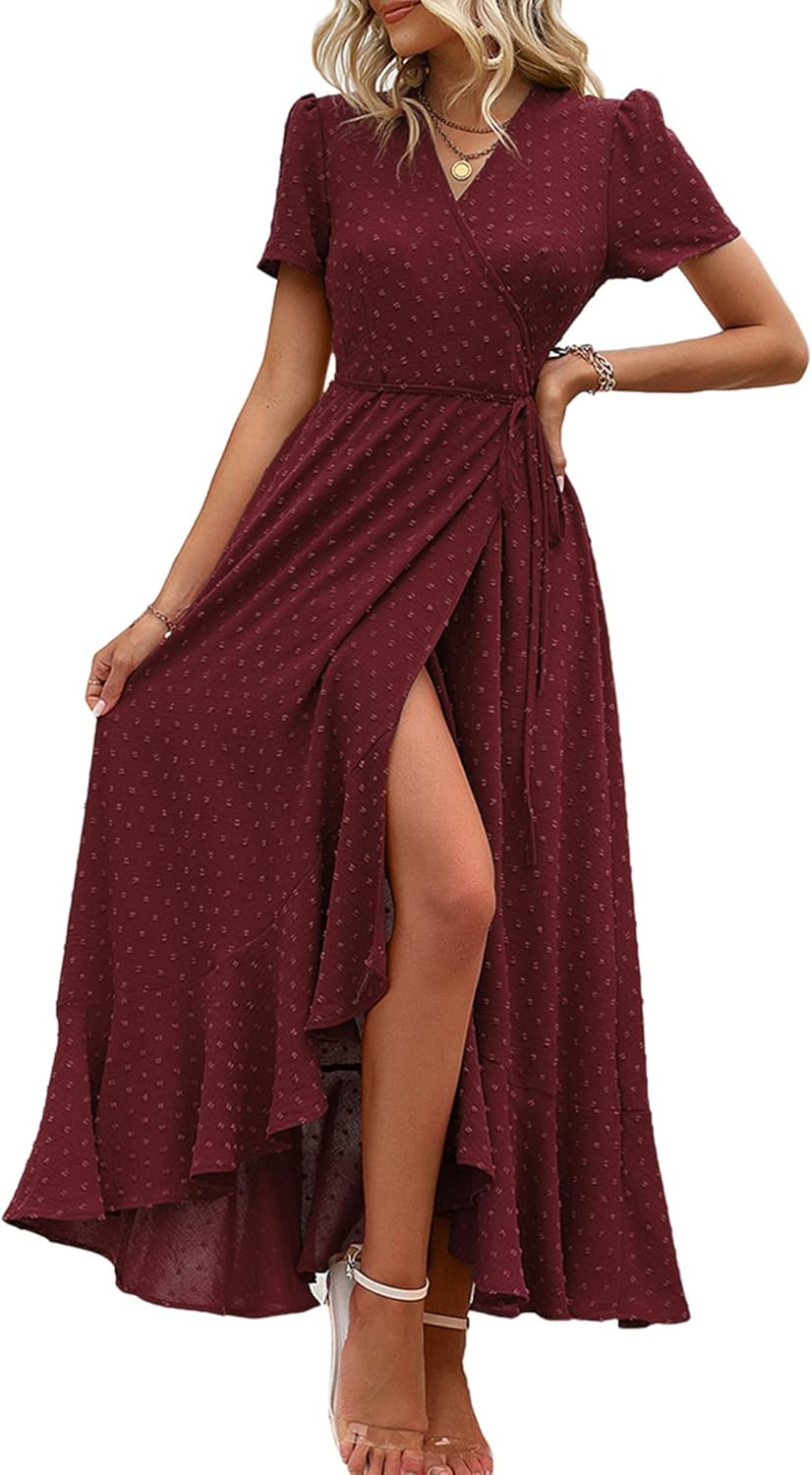 PRETTYGARDEN Women's Summer Wrap Maxi Dress Casual Short Sleeve Floral Boho V Neck Split Ruffle Beach Long Dresses