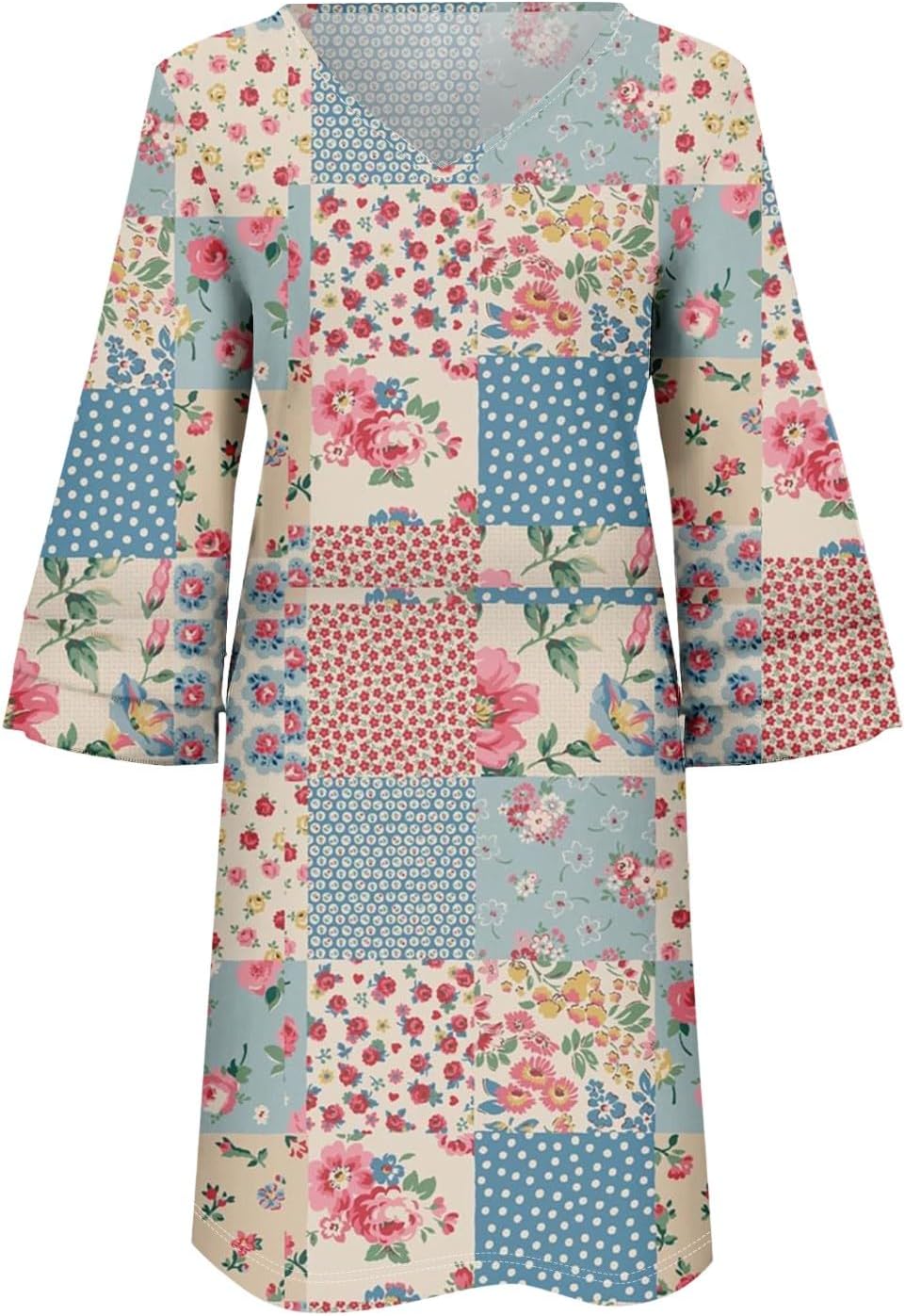 Beach Dresses for Women,2025 Summer Trendy Floral Print Boho Dress,Casual Loose V Neck Bell 3/4 Sleeve Mini Dress